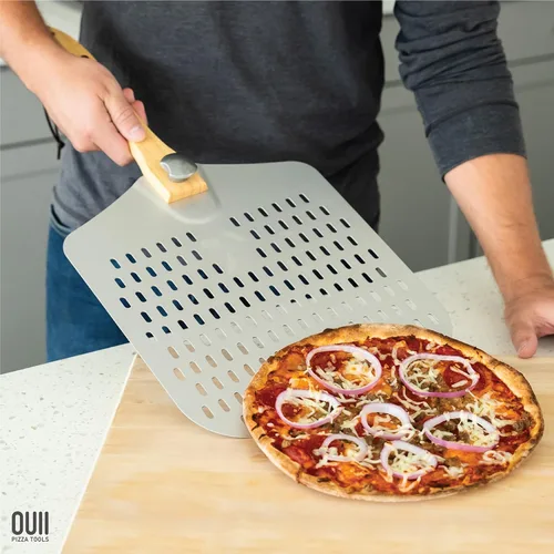 Vista 6 de Pala de Pizza Perforada de 12 x 14 Pulgadas. - Espátula de Metal de Aluminio para Parrilla con Mango Plegable. Accesorios y Herramientas para Horno