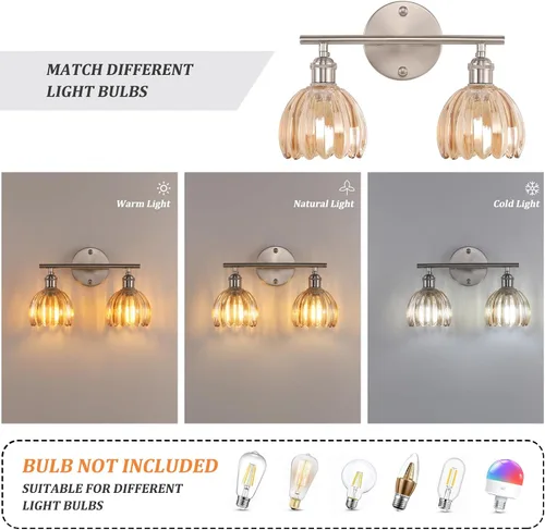 Vista 132 de Shenmoyl Lámparas de baño, lámpara de pared de 2 luces para tocador sobre espejo con pantalla de vidrio tulipán blanco para dormitorio, sala