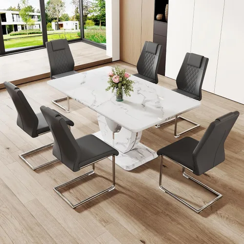 Vista 101 de JUFU Juego de mesa de comedor moderno para 4, juego de mesa de cocina rectangular de 63 pulgadas con mesa de mármol sintético y 4 sillas tapizadas