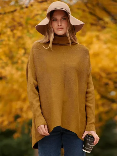 Vista 4 de Caracilia Suéter de manga larga con cuello alto para mujer, dobladillo irregular, informal, suéter de punto