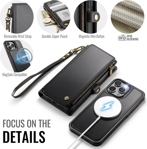 Vista 8 de Defencase Funda magnética para iPhone 13 Pro compatible con Magsafe con bloqueo RFID, correa de cremallera y tarjetero para mujer, funda de piel