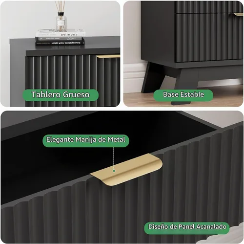 Vista 4 de Cómoda acanalada para dormitorio con 3 cajones, cómoda moderna de 24 pulgadas de ancho con mango de metal, soporte de TV de madera, armario de Negro