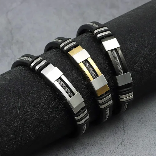 Vista 4 de Suyi Pulsera ajustable de silicona para hombre, pulsera de acero inoxidable