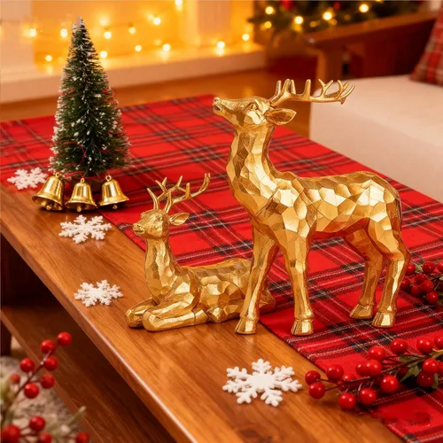 Vista 2 de Adornos de ciervo simulados para decoración navideña, 2 piezas de adornos de ciervo geométricos facetados de resina, decoración para el hogar, Dorado