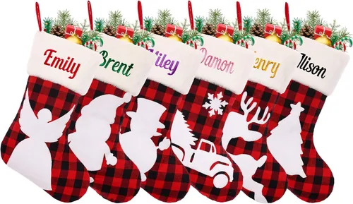 Vista 9 de Medias de Navidad personalizadas, medias de Navidad con nombre personalizado, terciopelo rojo con puño de felpa suave blanca para niños, calcetín