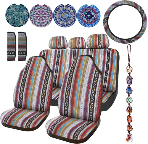 Vista 9 de Frienda - Juego completo de fundas para asientos de coche estilo Baja, manta de sillín multicolor con diseño bohemo a rayas, funda para volante