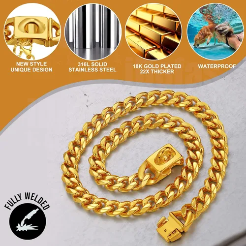 Vista 4 de Collares de Cadena de Perro de Oro LuxLife Collar de Perro de Oro 10mm Collar de Perro de Oro de Eslabones Cubanos de Acero Inoxidable Collar
