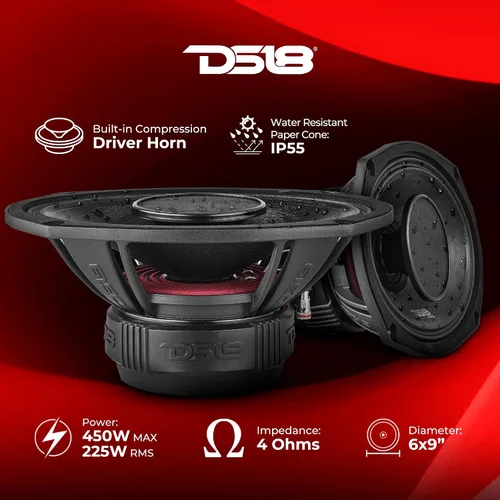 Vista 2 de DS18 PRO-HY69.4B - Altavoz híbrido de rango medio resistente al agua 6x9 con controlador de 1 pulgada, 500 W, potencia máxima de 4 ohmios, rango