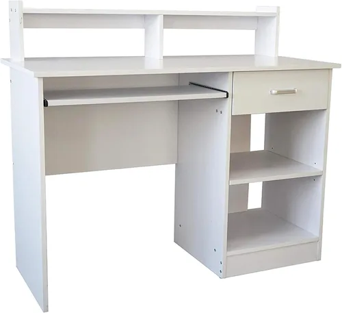 Vista 6 de Escritorio para computadora con estante con cajón, bandeja extraíble para teclado, escritorio de oficina en casa de almacenamiento grande de 43