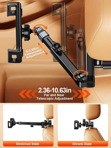 Vista 2 de Soporte para reposacabezas de coche, soporte para asiento trasero para iPad de 4.7 a 12.9 pulgadas Adjustable Extension Arm & 360° Rotating Clamp