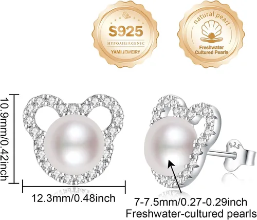 Vista 6 de Aretes de perlas de Mickey para mujer, plata de ley S925 y circón, perlas cultivadas de agua dulce, regalos de joyería de Mickey Mouse para mamá