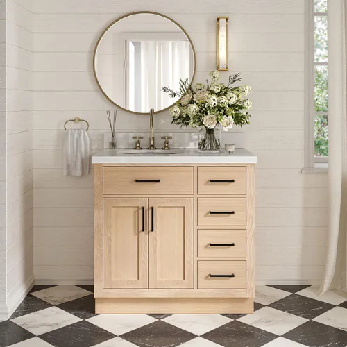 Vista 85 de ARIEL Hepburn - Tocador de baño de 30 pulgadas con fregadero, madera maciza, encimera y protector contra salpicaduras de cuarzo blanco puro de 1.5
