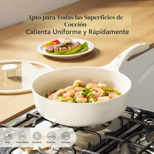 Vista 8 de Redchef Sartén antiadherente para freír con tapa, sartén para saltear de cerámica, libre de PFOA y PFOS, compatible con inducción, mango con ayuda