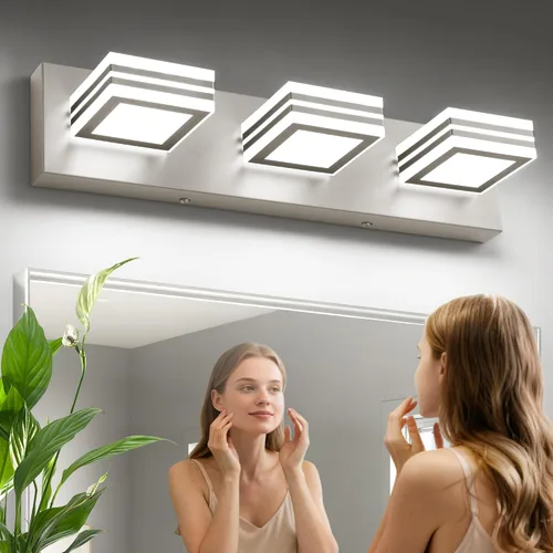 Vista 29 de SOLFART Lámparas LED para tocador de baño: 3 luces de níquel cepillado moderno acrílico para pared de baño sobre espejo de 20 pulgadas 5CCT Níquel
