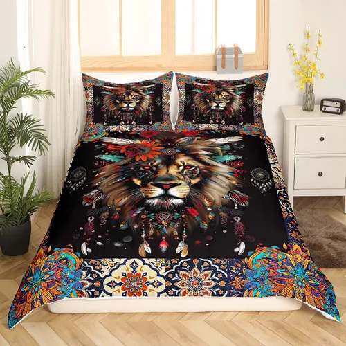 Vista 3 de Funda de edredón de león, juego de ropa de cama con estampado de mandala para niños, funda de edredón bohemia para niños y niñas, decoración