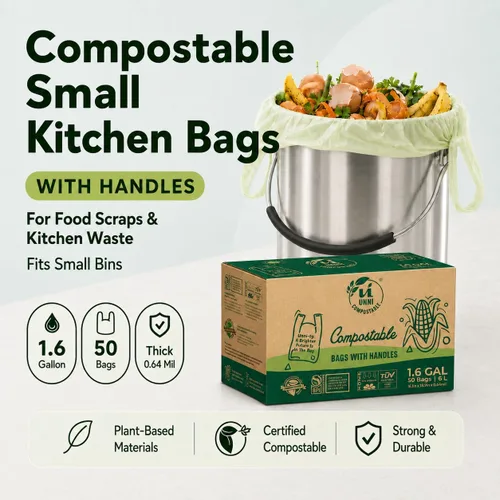 Vista 2 de Bolsas de camiseta compostables UNNI con asas de lazo, 1.6 galones / 6 litros, 50 unidades, forros de cajón de cocina pequeños de 0.64 mil
