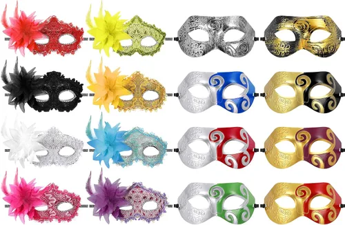 Vista 8 de 16 máscaras de Mardi Gras con plumas unisex medias mascaradas máscaras venecianas para mujeres hombres niños carnaval fiesta accesorio de disfraz