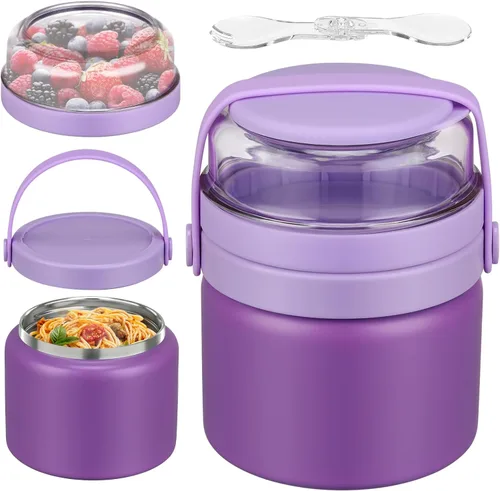 Vista 8 de Termo 2 en 1 para alimentos calientes con contenedor de bocadillos Tritan de 13.5 oz, tarro de alimentos aislado para almuerzo de niños, tarro