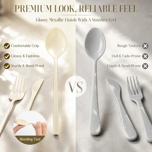 Vista 7 de Cubiertos de plástico beige, juego de cuchara de tenedor y cuchillo