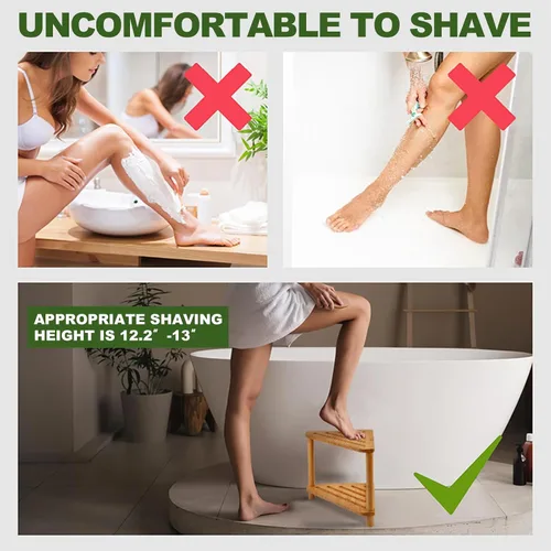 Vista 6 de Taburete de ducha de bambú de esquina, taburete de ducha impermeable de 2 niveles para dentro de la ducha, para afeitar las piernas, espacios
