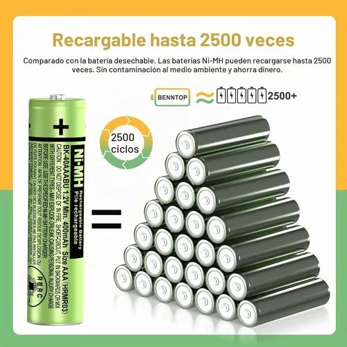 Vista 3 de Paquete de 12 baterías recargables NiMH AAA 400mah para teléfonos