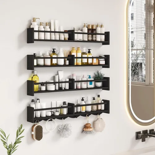 Vista 7 de Estantería de guardería de 34 pulgadas, juego de 4, estante flotante de pared para niños con 6 ganchos, estante colgante para decoración de Negro