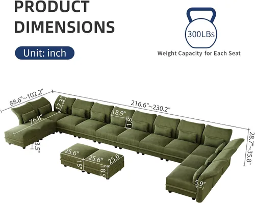 Vista 2 de LLappuil Sofá modular de 14 plazas con almacenamiento, sofás modulares grandes en forma de U para sala de estar con respaldos de brazos ajustables