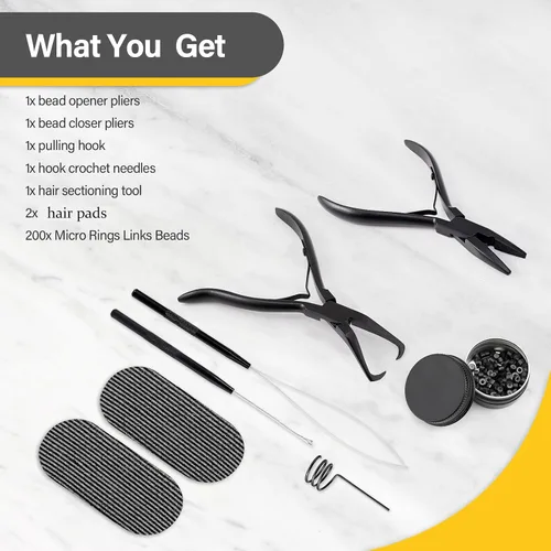 Vista 2 de Gomake Microlinks - Kit de extensiones de cabello, alicates para cerrar y quitar extensiones de cabello, gancho para tirar de microcuentas y Negro