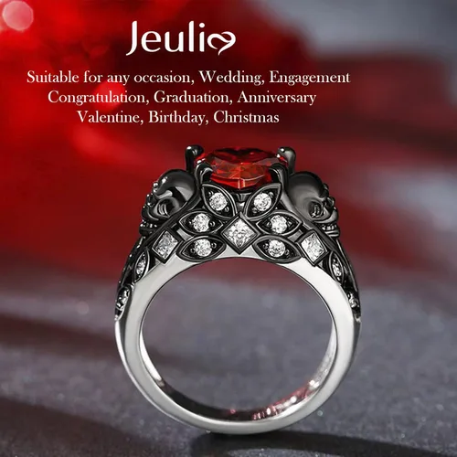 Vista 5 de Jeulia Juego de anillos de compromiso de calavera de 2.55 quilates, plata de ley con corte de corazón, diamantes rojos, anillos de rubí, circonita