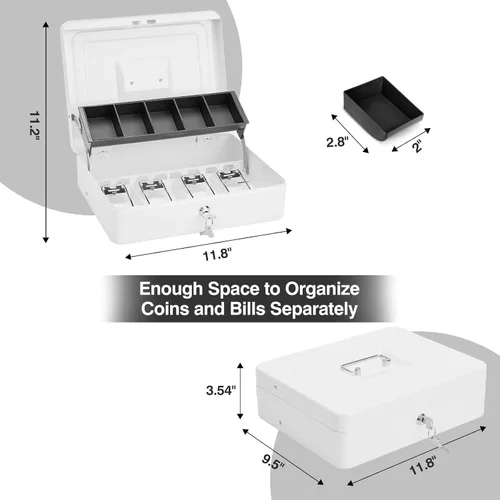 Vista 7 de Caja de dinero grande con cerradura de llave y bandeja de dinero, caja de dinero con bandeja para efectivo, caja fuerte con cerradura para oficina
