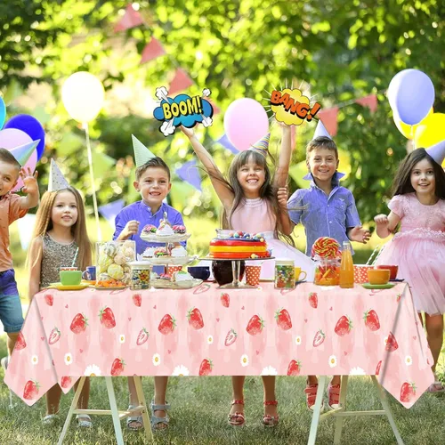 Vista 6 de JESTAR Decoración de bayas para primer cumpleaños, decoraciones de fiesta de fresa, 96 platos, servilletas, tenedores, tema de fresa rosa, perfecto