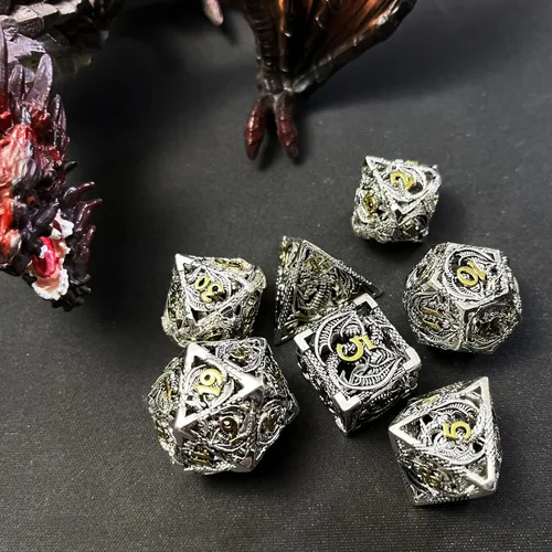 Vista 7 de Juego de dados DND de metal hueco para juego D y D, dados poliédricos grandes para Calabozos y Dragones, Warhammer Pathfinder, Cthulhu, MTG, D&D