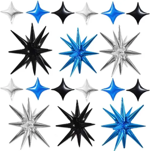 Vista 65 de TONIFUL 4 globos 4D enormes de estrella negra de 22 pulgadas, globos de aluminio de Mylar de estrella explosión para suministros de fiesta, telón