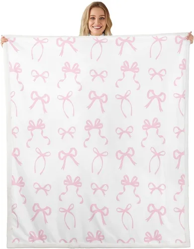 Vista 15 de Manta de franela de forro polar con lazos rosados femeninos de 40 x 50 pulgadas, manta mullida de corazones para el día de San Valentín para sofá