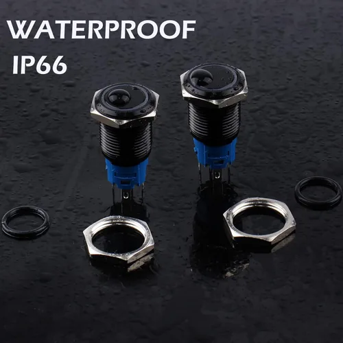 Vista 5 de 2 piezas de interruptor de botón de presión momentáneo de 16 mm 12V-24V LED de anillo 1NO 1NC impermeable (ON)-Apagado Cáscara de botón de metal