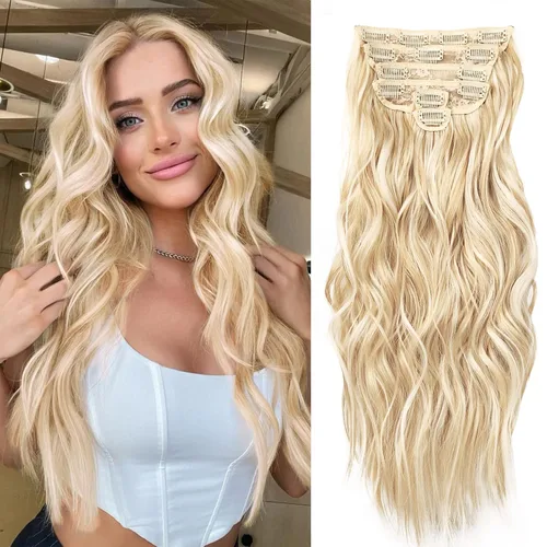 Vista 37 de NAYOO - Extensiones de cabello con clip, extensiones sintéticas onduladas de 20 pulgadas, 6 unidades Wavy Curly Hair, Full Head Coverage, Heat