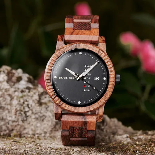 Vista 2 de BOBO BIRD Reloj de madera para hombre, analógico, de cuarzo, con pantalla de semana, ligero, hecho a mano, para hombre