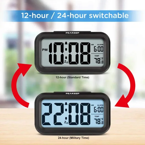 Vista 5 de Reloj despertador digital con luz nocturna Peakeep Temperatura interior con pilas Pequeño reloj inalámbrico lindo para dormitorio, escritorio