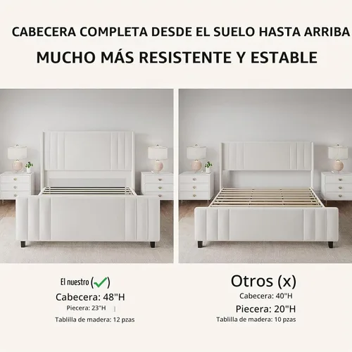 Vista 6 de Albott Base de cama de plataforma tamaño King, cama tapizada con cabecera y pie de cama con respaldo alado capitoné de canales verticales Crema