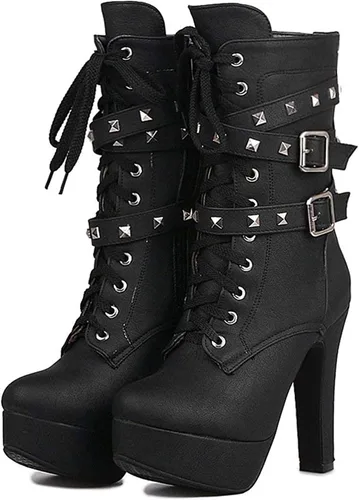 Vista 2 de ForeMode- Botines de otoño de tacón alto para mujer con cordones puntera redonda tacón grueso y plataforma Botines modelo Knight Martin