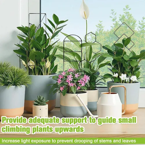 Vista 5 de Paquete de 4 enrejados metálicos para plantas de 15 pulgadas, soporte para plantas trepadoras pequeñas negras para vides en macetas de interiores