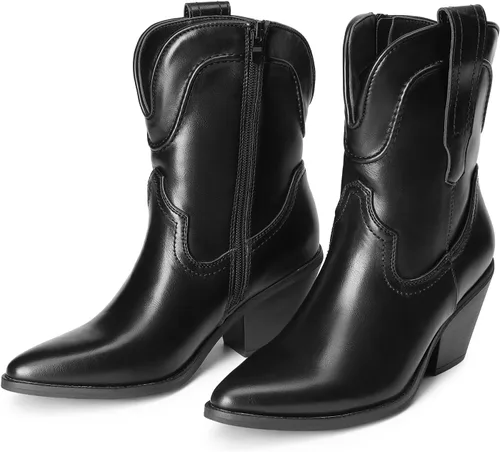 Vista 4 de DREAM PAIRS Botas de tobillo vaqueras para mujer, estilo occidental, botas de pantorrilla suave, tacón bajo y grueso, puntera puntiaguda, botines