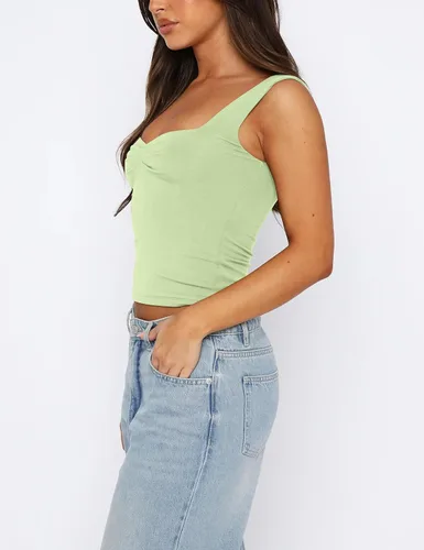 Vista 2 de Cioatin Camiseta corta sin mangas con cuello corazón para mujer, estilo Y2K, sin mangas, ajustada, para verano, a la moda
