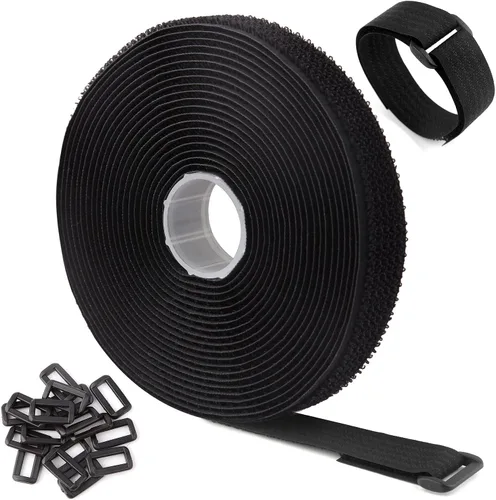 Vista 8 de Correas de cable ajustables de 16 pies con hebillas, longitud de corte libre, bridas de cable de sujeción reutilizables blancas, correa de seguridad