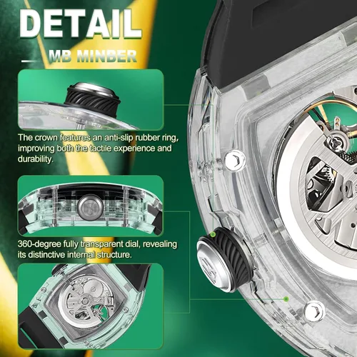 Vista 6 de MINBER Reloj automático de esqueleto, esfera de 1.693 in con manecillas luminosas, reloj de cuerda automática, resistente al agua 3 ATM, plástico