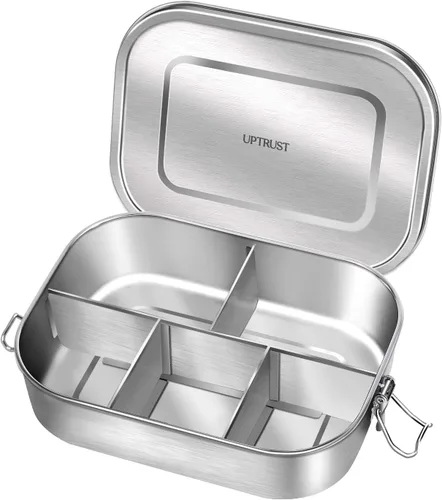 Vista 14 de UPTRUST Fiambrera Bento de acero inoxidable, 3 compartimentos, caja Bento de metal grande de 47.3 fl oz para niños o adultos, contenedor con clips