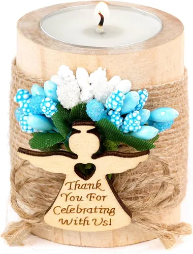 Vista 10 de Ju's Favors Juego de 10 portavelas de madera para recuerdos de bautismo para invitados, recuerdos de fiesta de baby shower (marrón oscuro - azul)