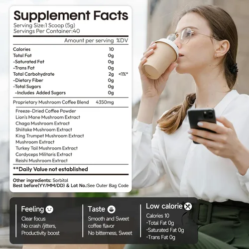 Vista 2 de Café de hongos 10 en 1 con arábica orgánica, melena de león, chaga, reishi y cordyceps, mezcla de hongos de 2000 mg, enfoque, energía y apoyo