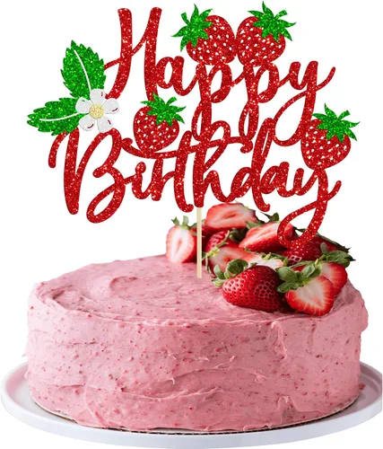 Vista 18 de Gyufise 1 pieza de fresa Sweet One Cake Topper Glitter First Birthday Strawberry Cake Pick para el tema de fruta dulce, baby shower, fiesta