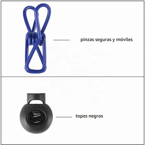 Vista 2 de Tendedero azul resistente al viento de 11 pies con 12 clips, ajustable para el hogar, viajes y uso al aire libre